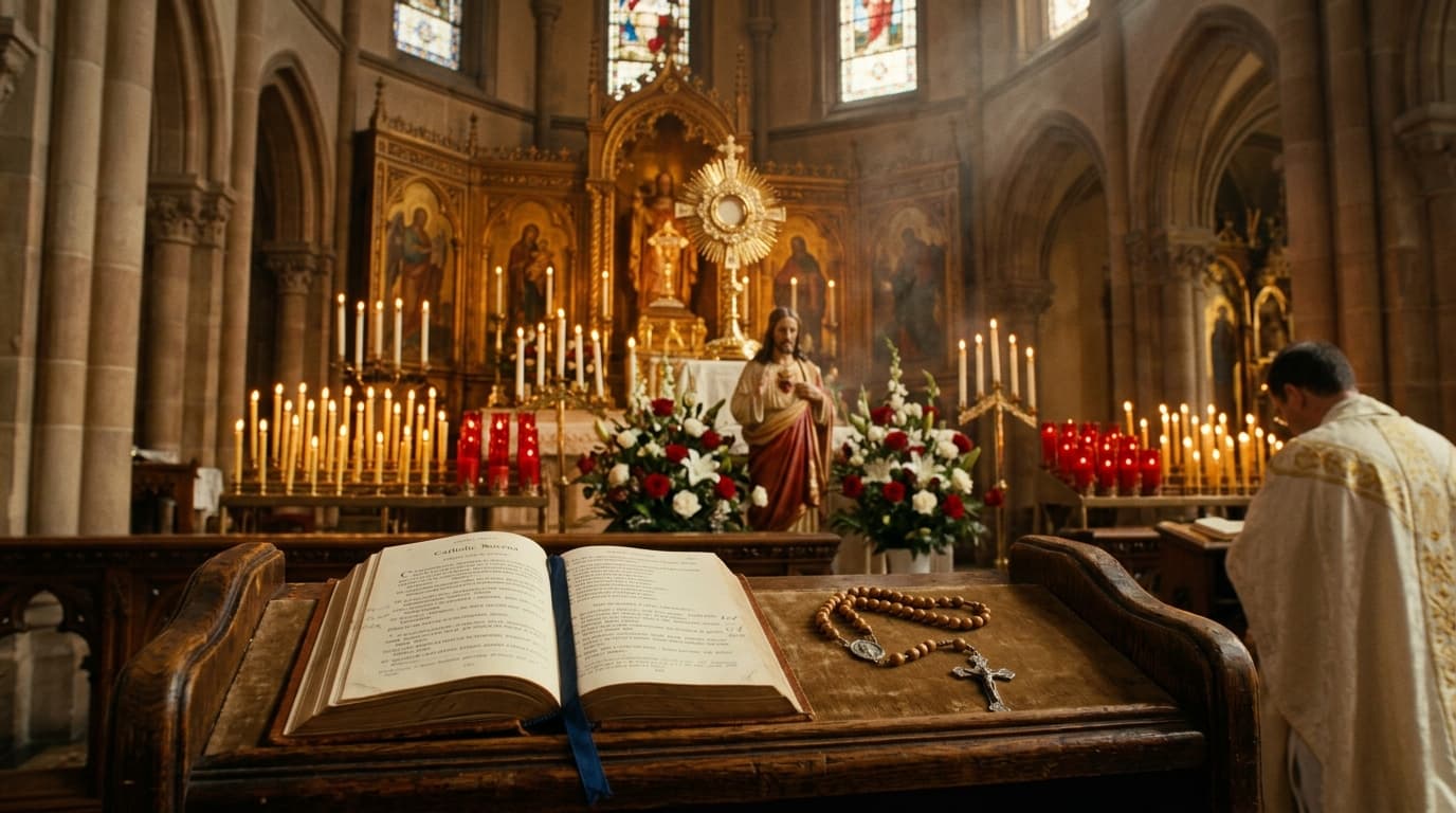 Catholic Novena Altar with Candles and Rosary